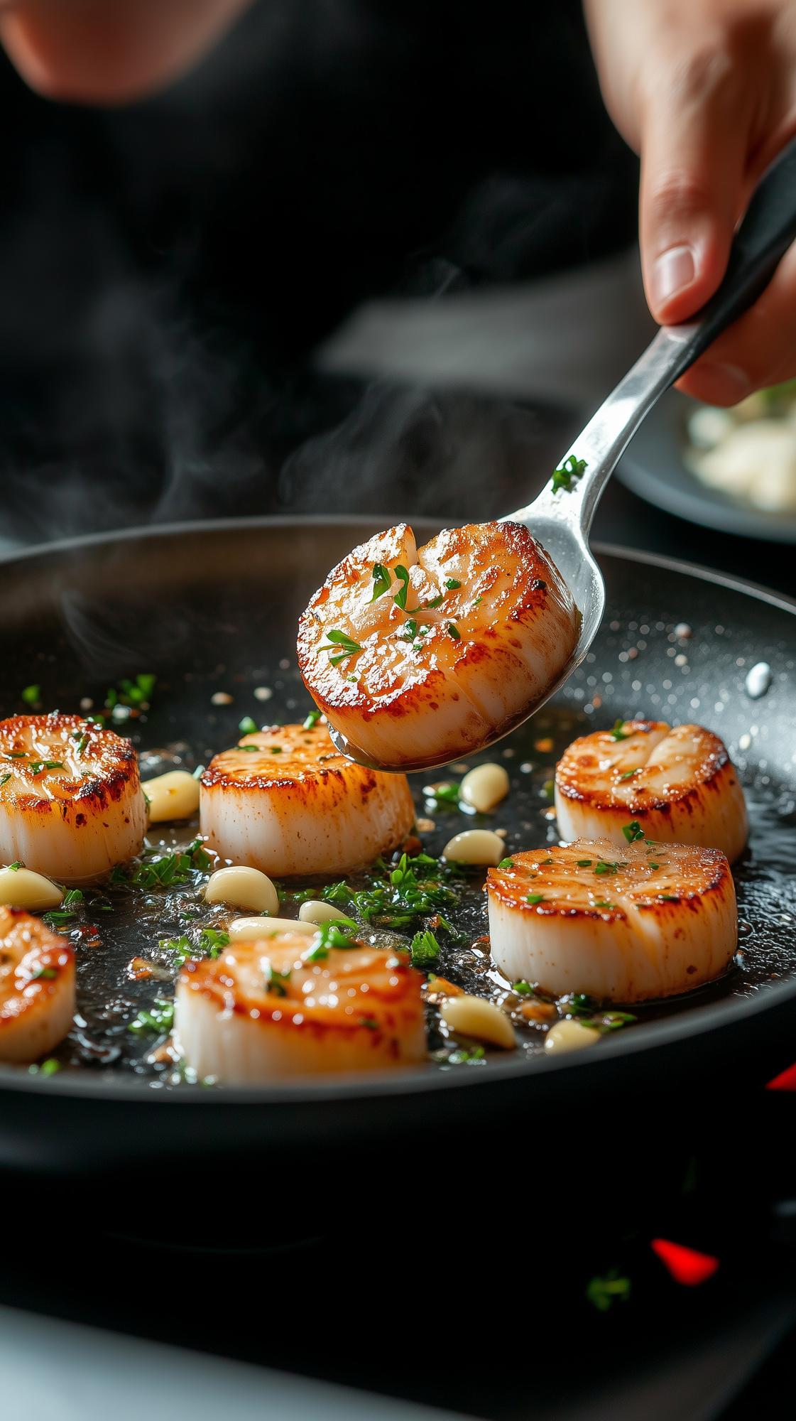 Chef searing scallops in pan